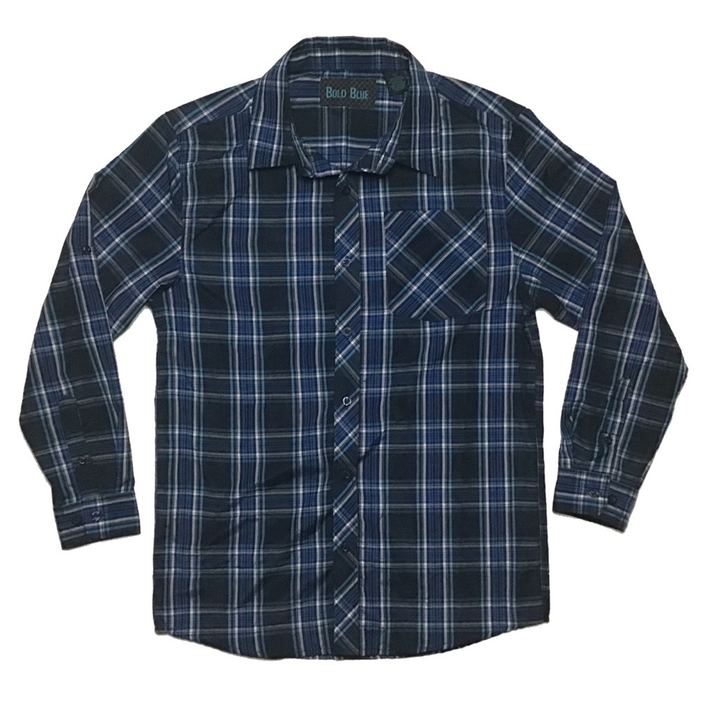 Bold Blue Plaid Button-Down Men's Long-Sleeve Shirt Size LARGE Cotton Polyester